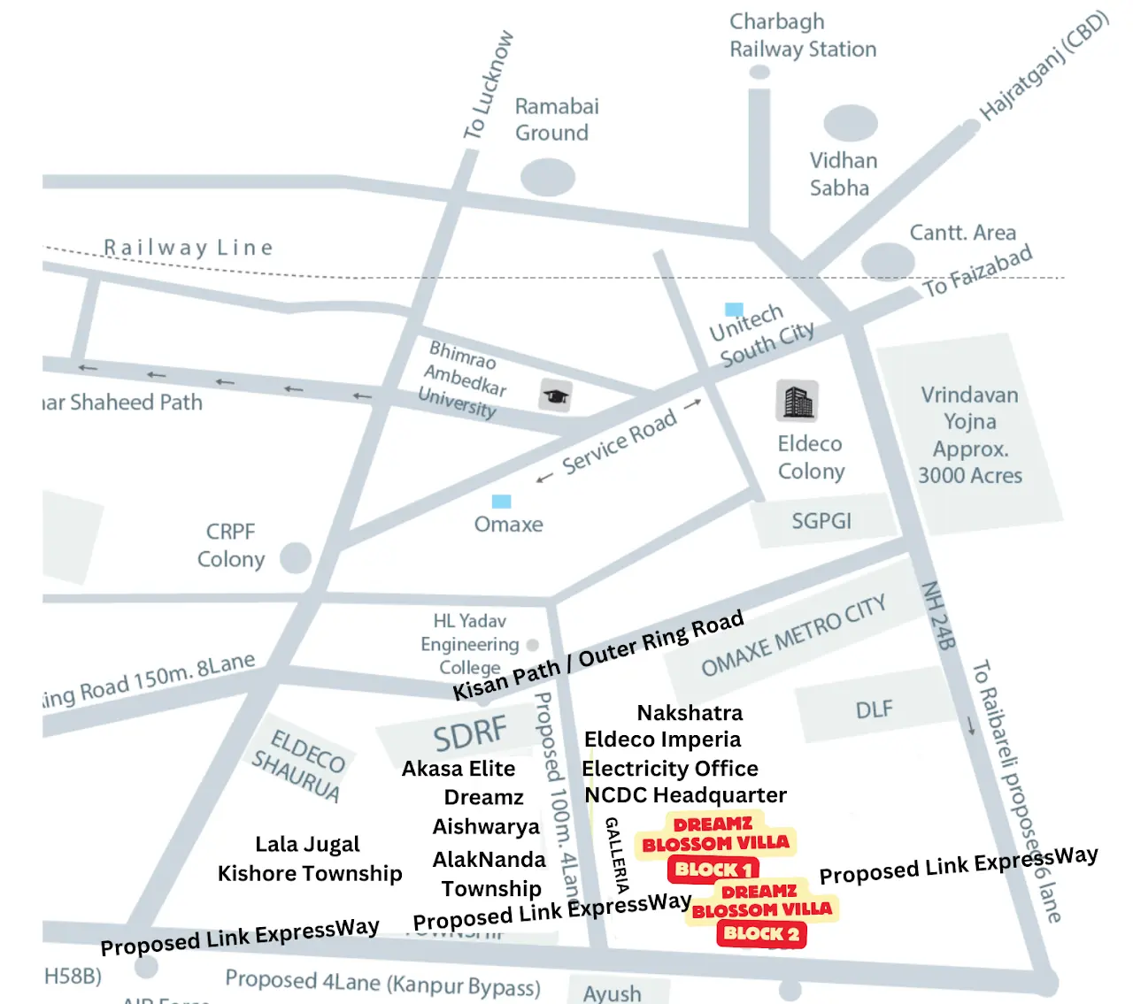Orientation map for Blossom Villa and roads in South Lucknow